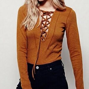 Free People Mustard Lace-Up Long Sleeve Top